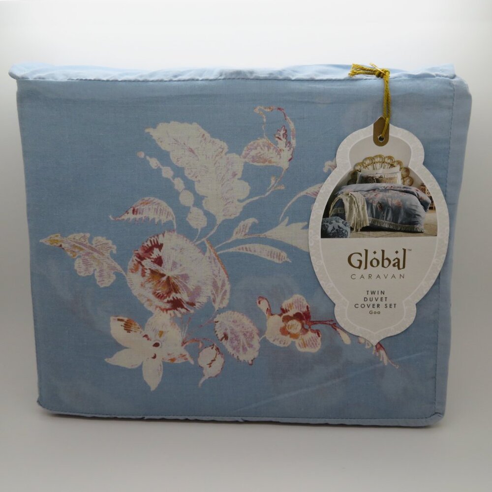 Global Caravan Goa Twin Duvet Cover Sham Set Blue Floral Cotton New
